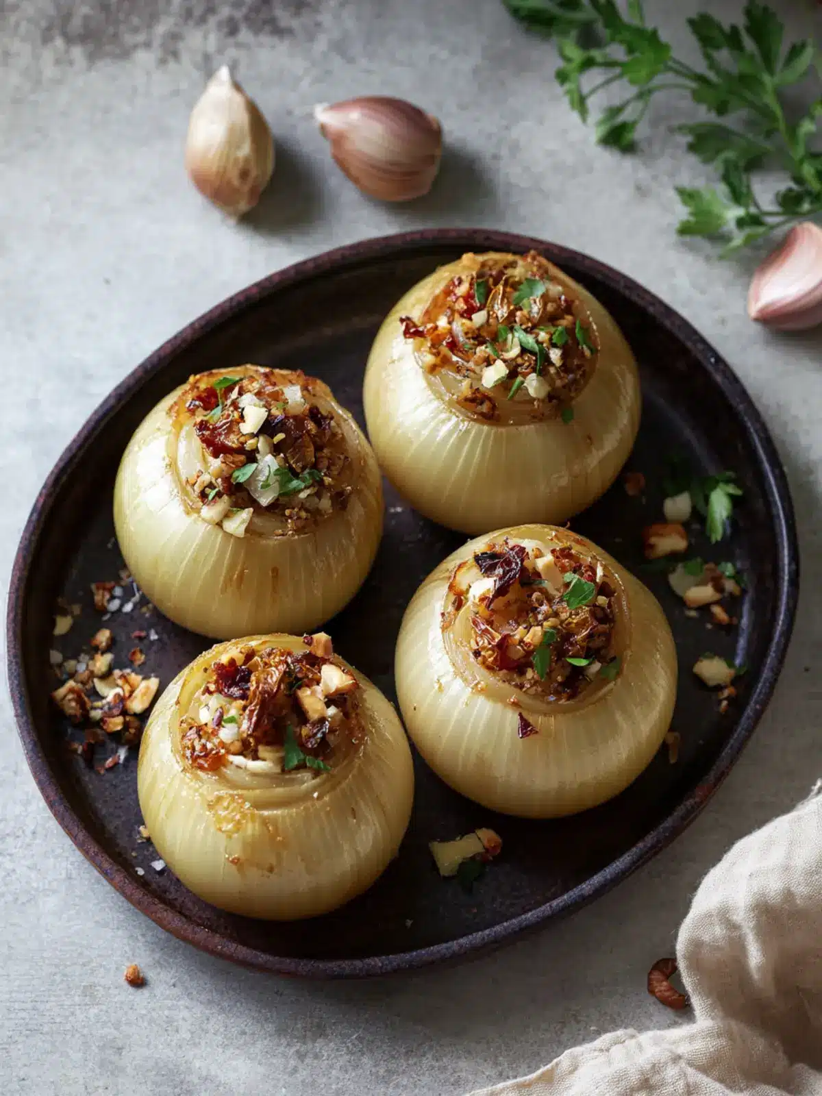Stuffed Onions with sun-dried tomato & hazelnuts