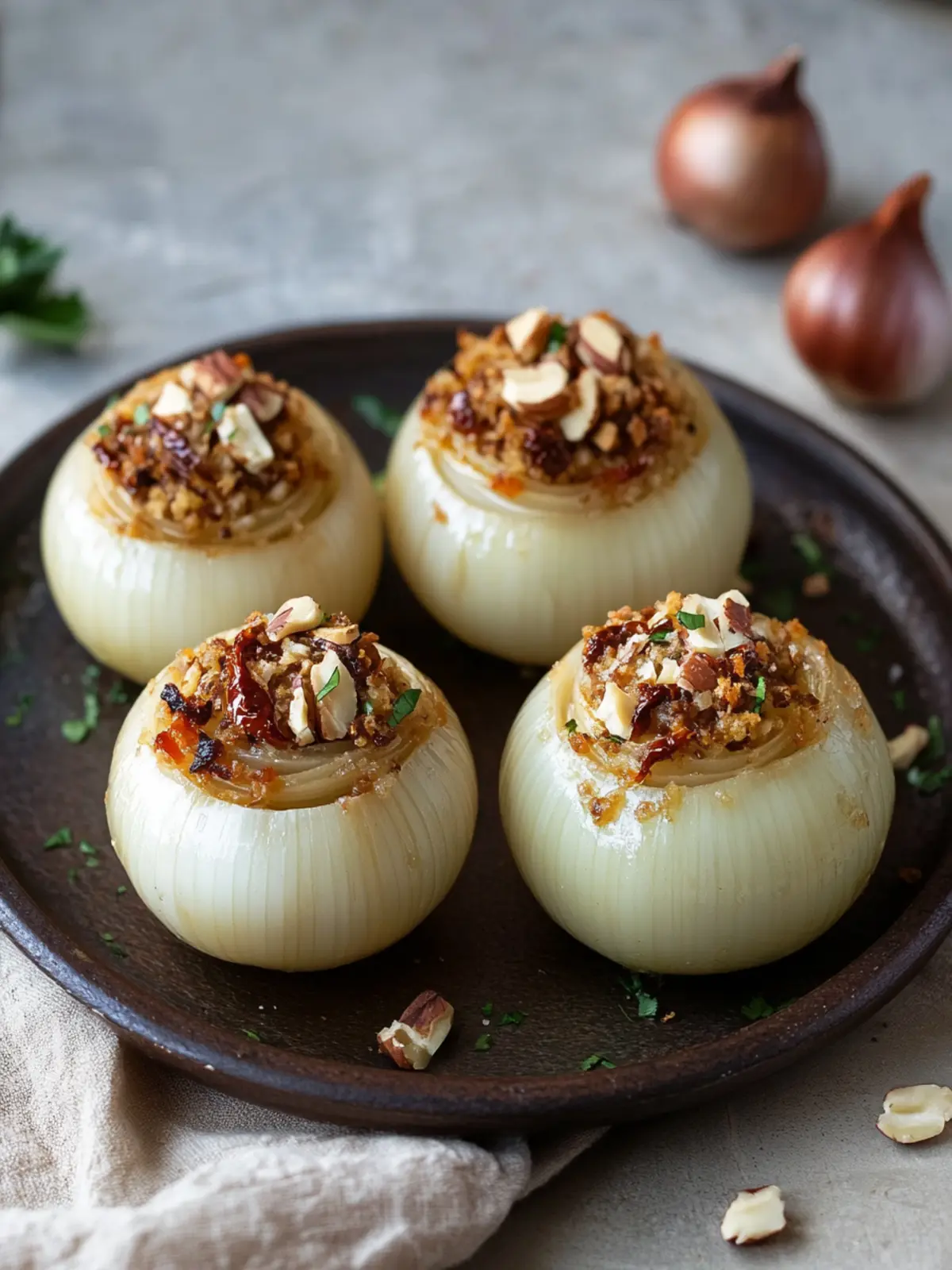 Savory Stuffed Onions with Sun-Dried Tomato & Hazelnuts Delight 3 Stuffed Onions with sun-dried tomato & hazelnuts