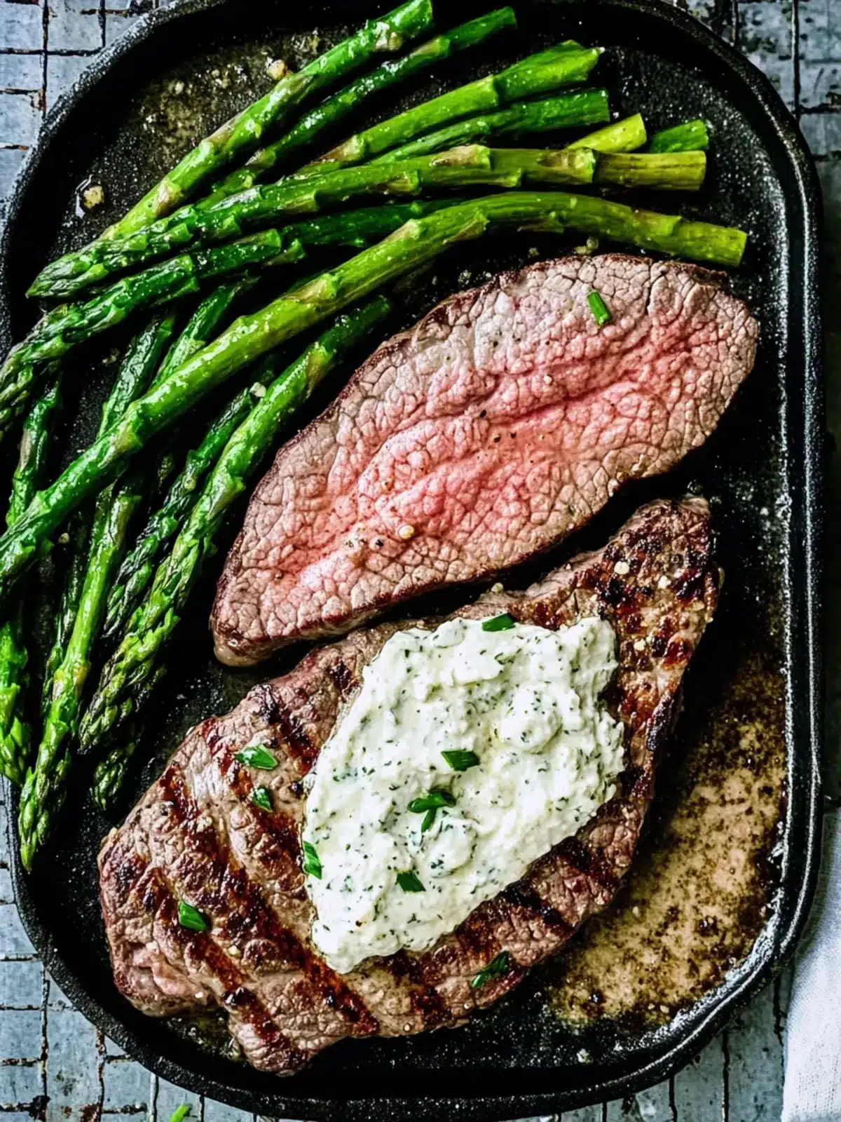 Broiled Steak & Asparagus with Feta Cream Sauce Bliss 5 Broiled Steak & Asparagus with Feta Cream Sauce