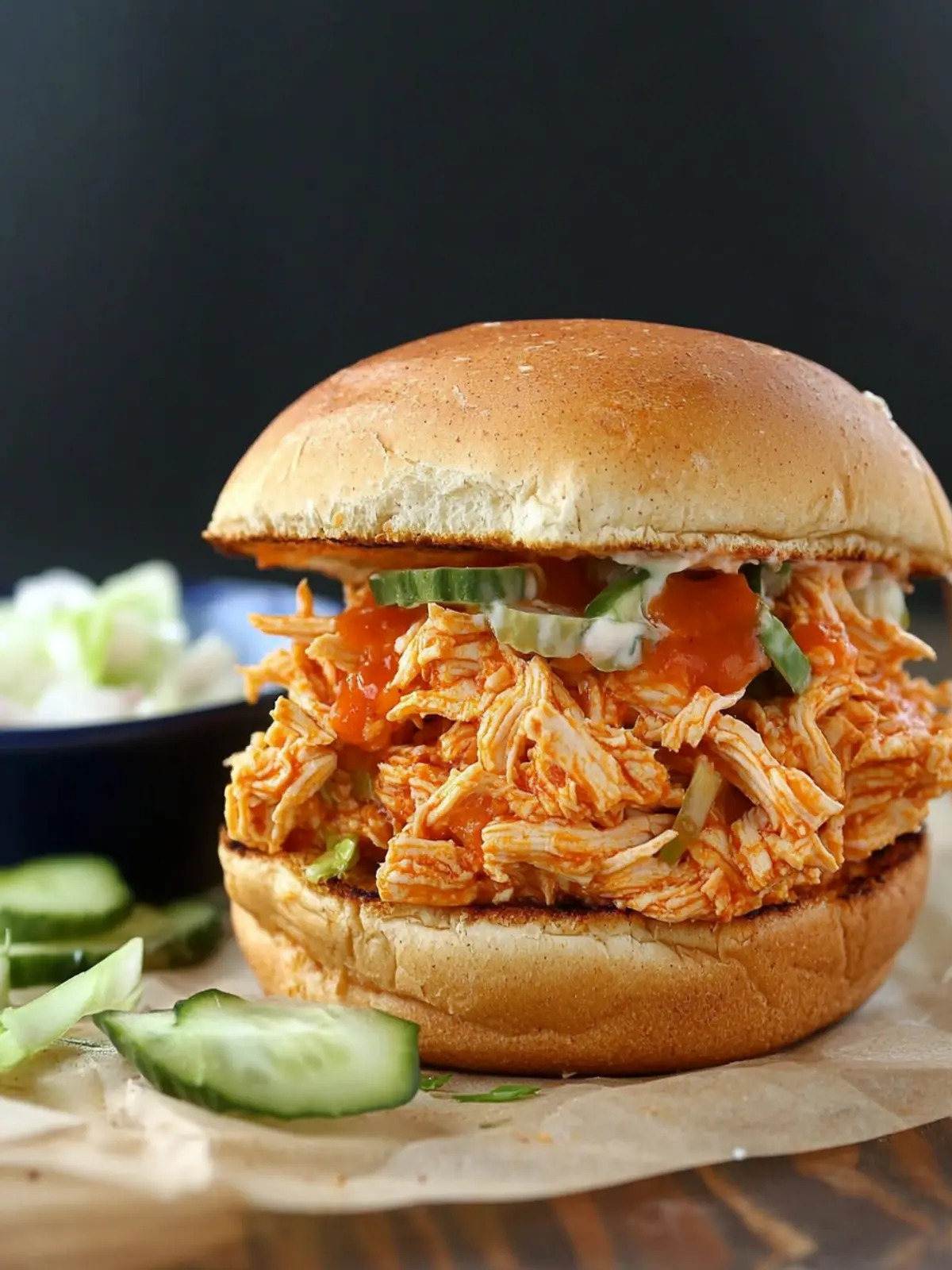 No Cook Shredded Buffalo Chicken Sandwich (with rotisserie chicken)