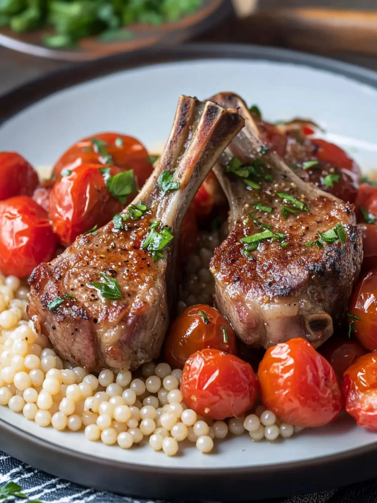 Savor Tender Lamb Chops with Mustard Shallot Sauce & Couscous 5 Lamb Chops with Mustard Shallot Sauce, Roasted Tomatoes & Pearl Couscous
