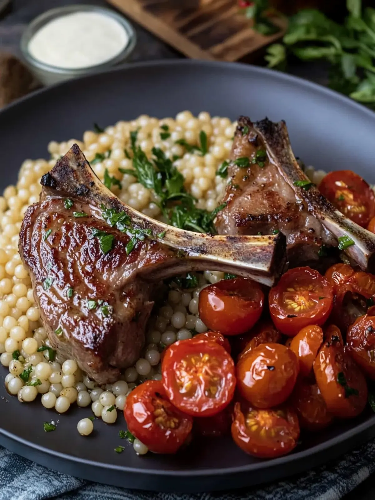 Savor Tender Lamb Chops with Mustard Shallot Sauce & Couscous 2 Lamb Chops with Mustard Shallot Sauce, Roasted Tomatoes & Pearl Couscous