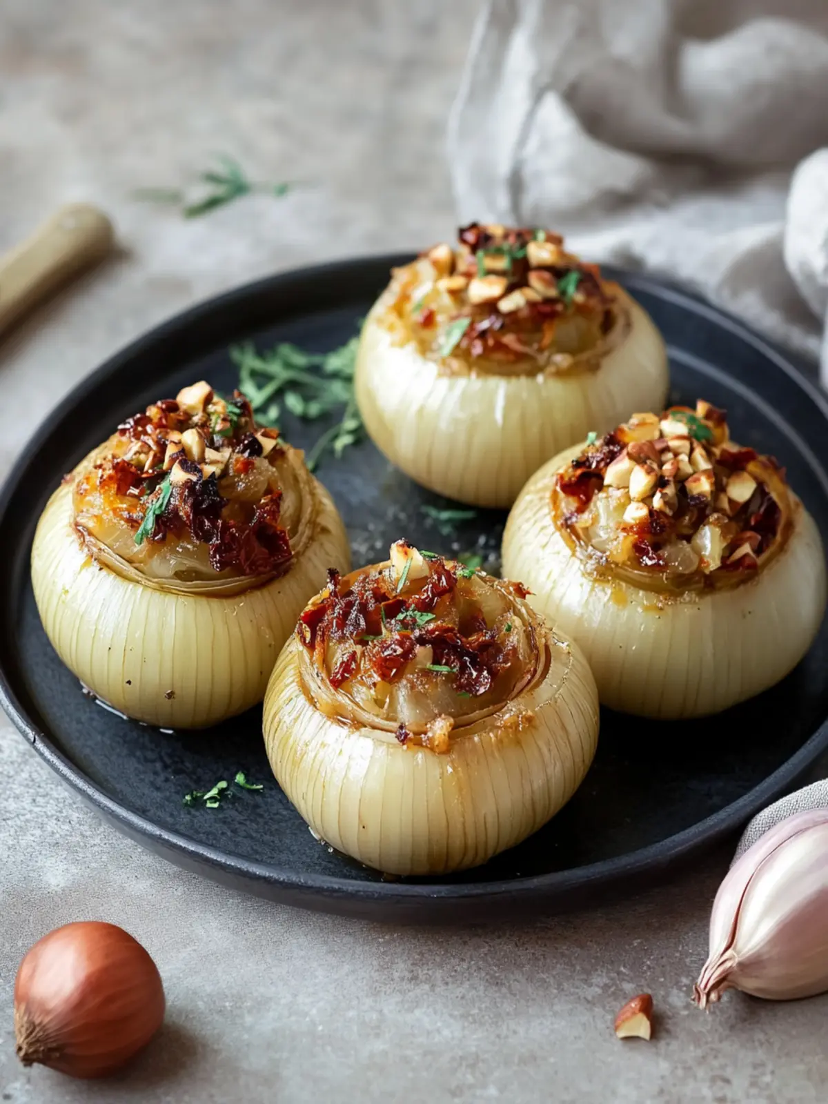 Savory Stuffed Onions with Sun-Dried Tomato & Hazelnuts Delight 4 Stuffed Onions with sun-dried tomato & hazelnuts