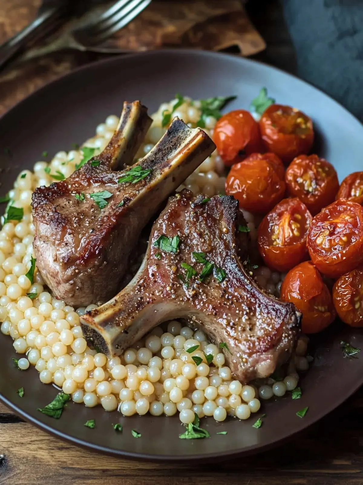 Savor Tender Lamb Chops with Mustard Shallot Sauce & Couscous 4 Lamb Chops with Mustard Shallot Sauce, Roasted Tomatoes & Pearl Couscous