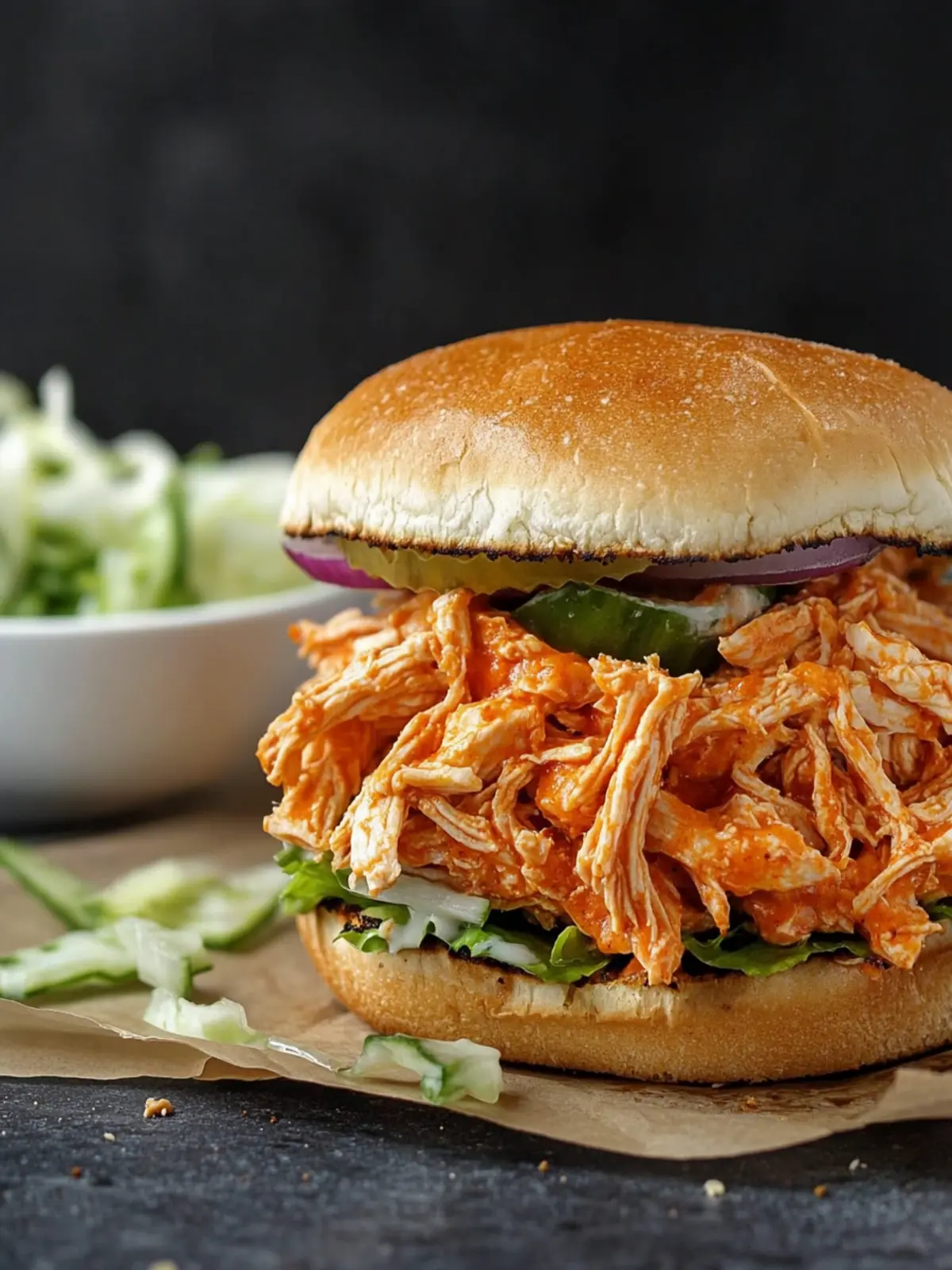 No Cook Shredded Buffalo Chicken Sandwich (with rotisserie chicken)