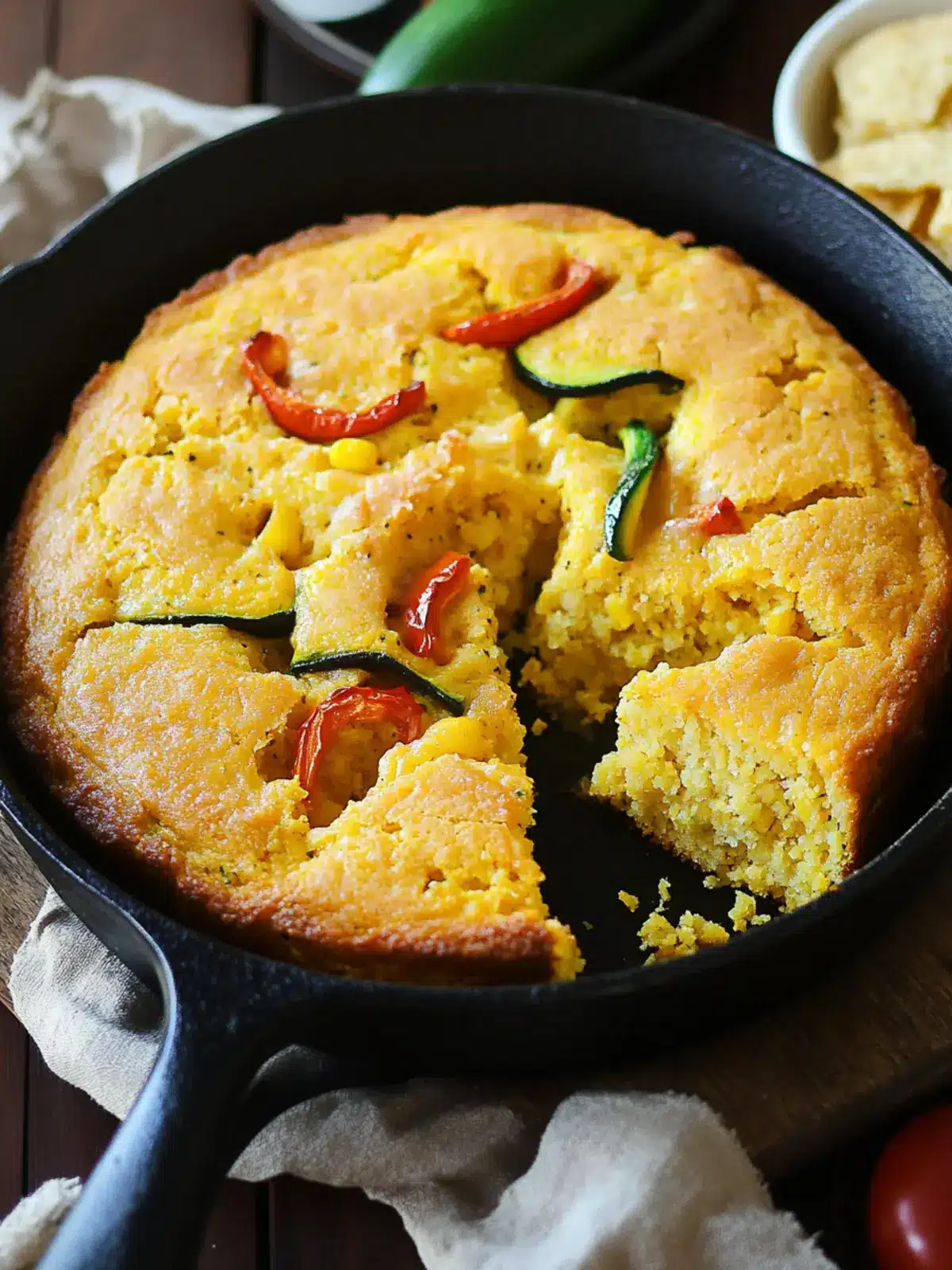 Cheesy Honey Skillet Cornbread with Zucchini and Peppers