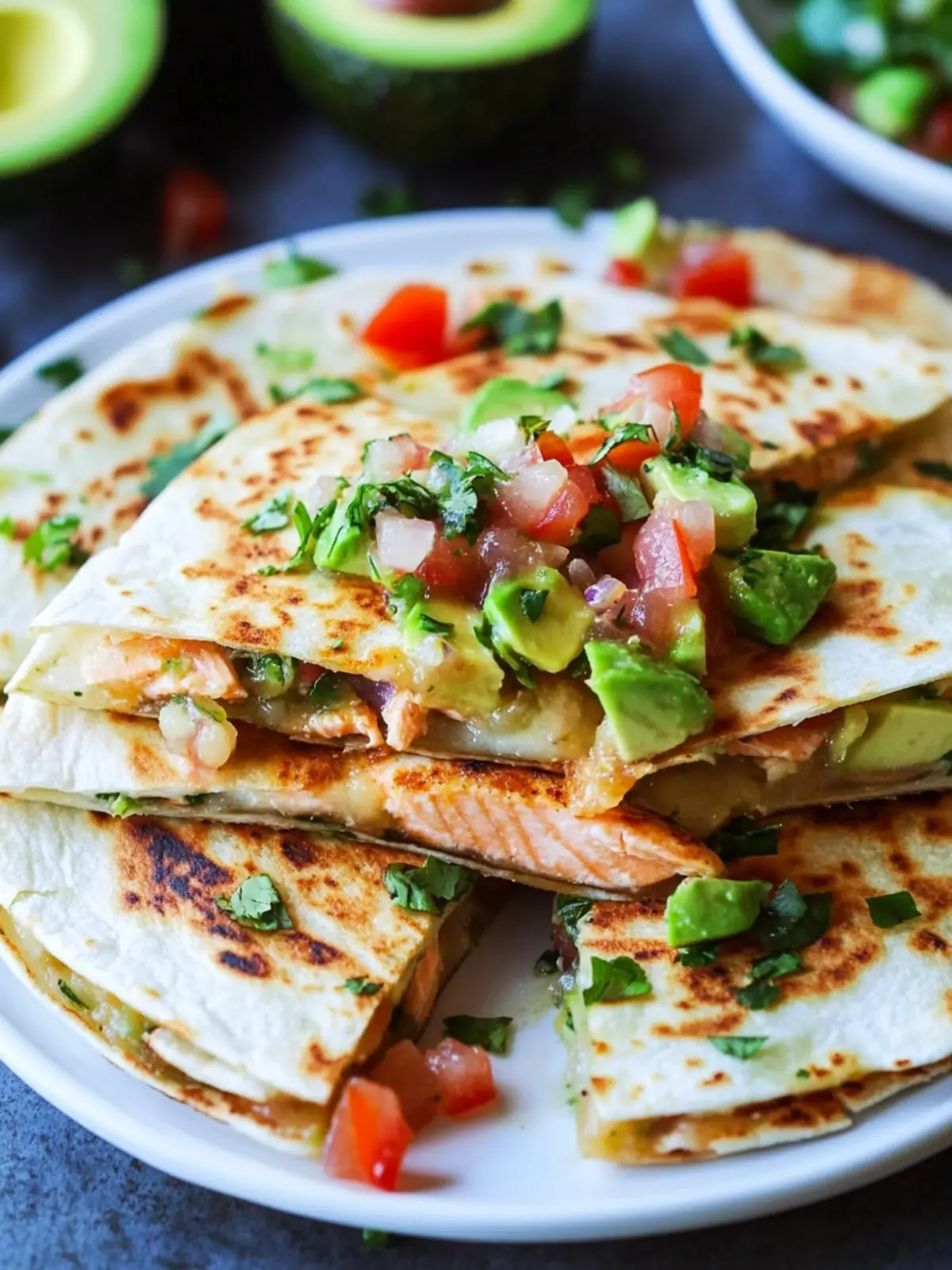 Chipotle Lime Salmon and Avocado Salsa Quesadillas