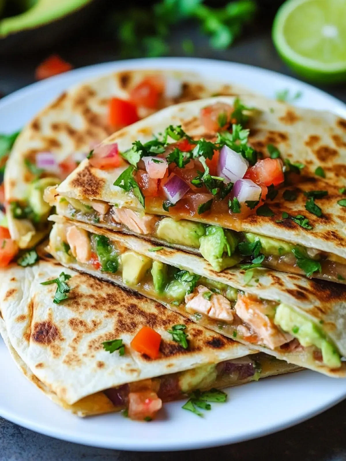 Chipotle Lime Salmon and Avocado Salsa Quesadillas