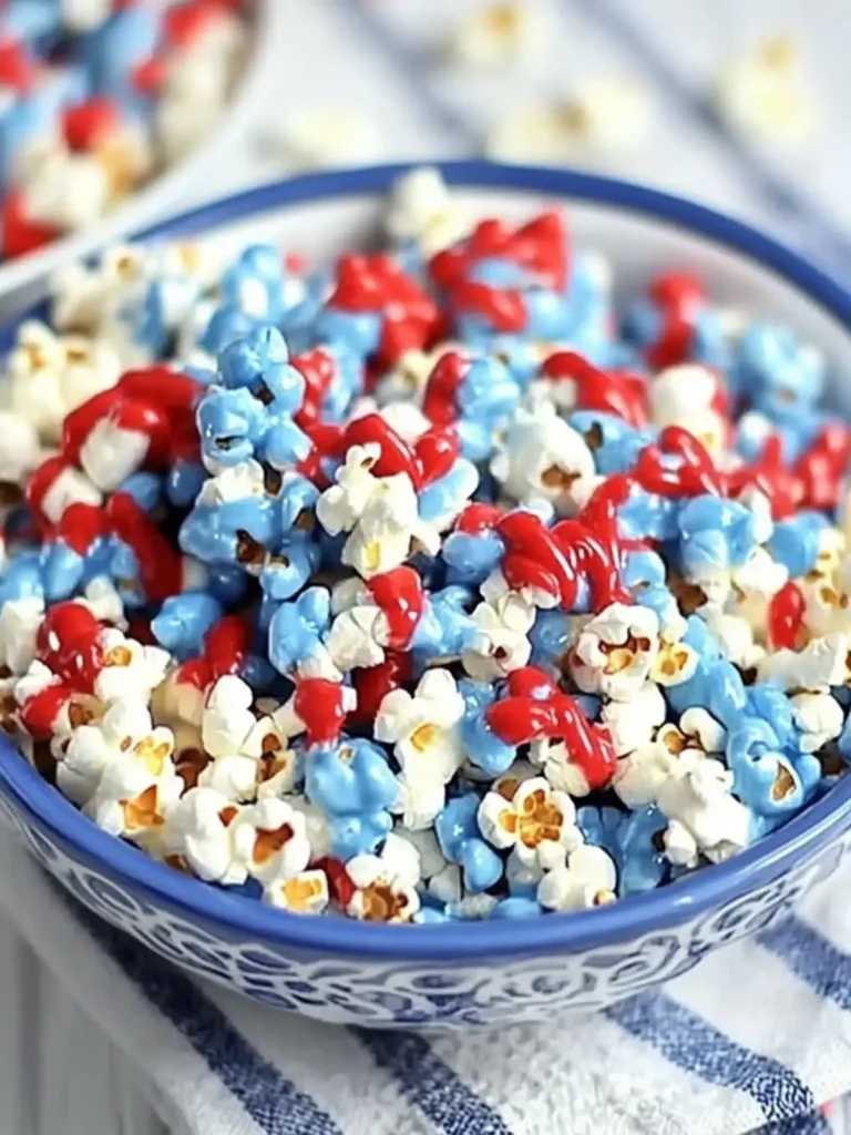 4th of July Popcorn: Red White & Blue Chocolate Firecracker Popcorn