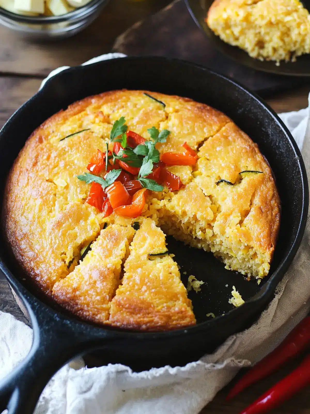 Cheesy Honey Skillet Cornbread with Zucchini and Peppers