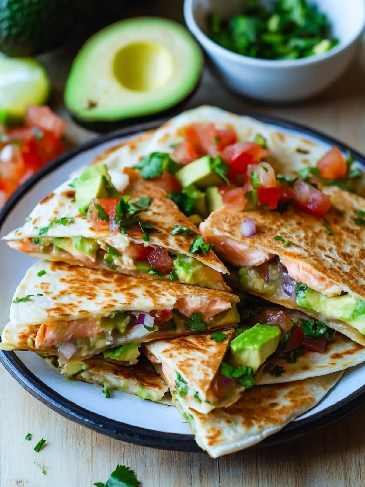 Chipotle Lime Salmon and Avocado Salsa Quesadillas