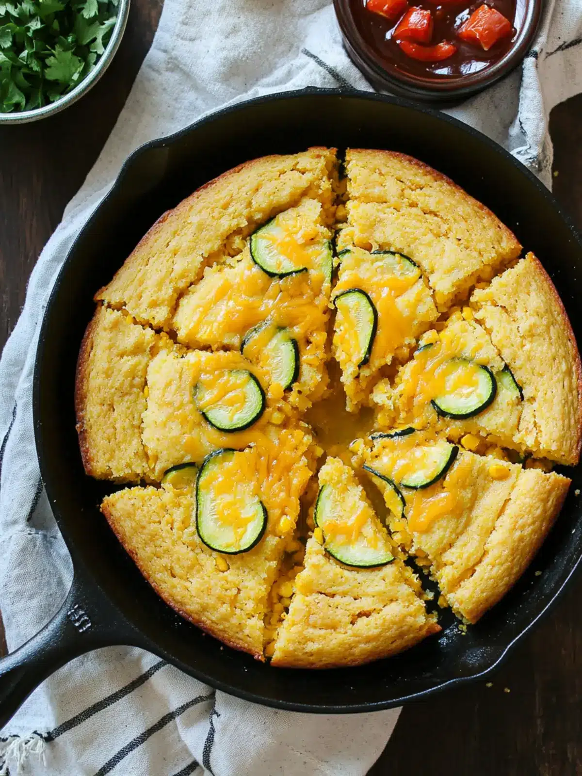 Cheesy Honey Skillet Cornbread with Zucchini and Peppers